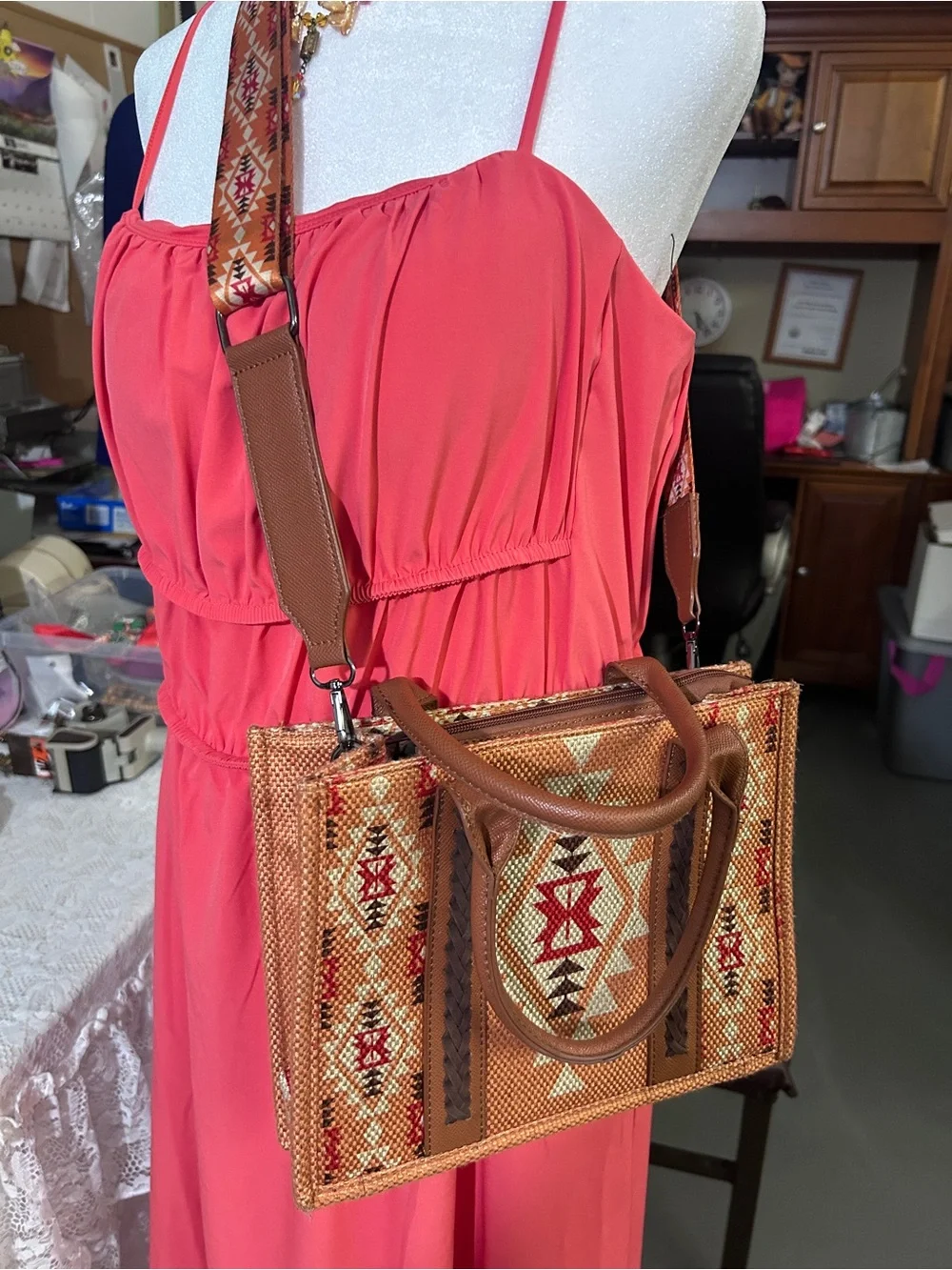 2 Red Aztec-Pattern Crossbody Tote Bags with Removable Strap and bag charm